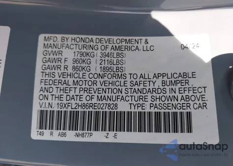 2024 Honda Civic Sport из США, поврежденный, VIN 19XFL2H86RE027828